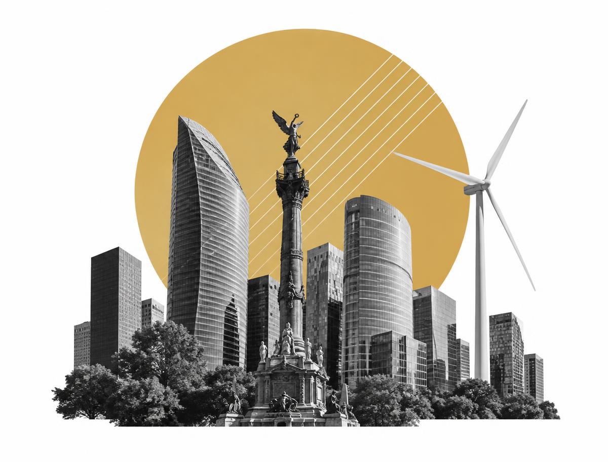 Composición del sector privado con edificios y energía eólica